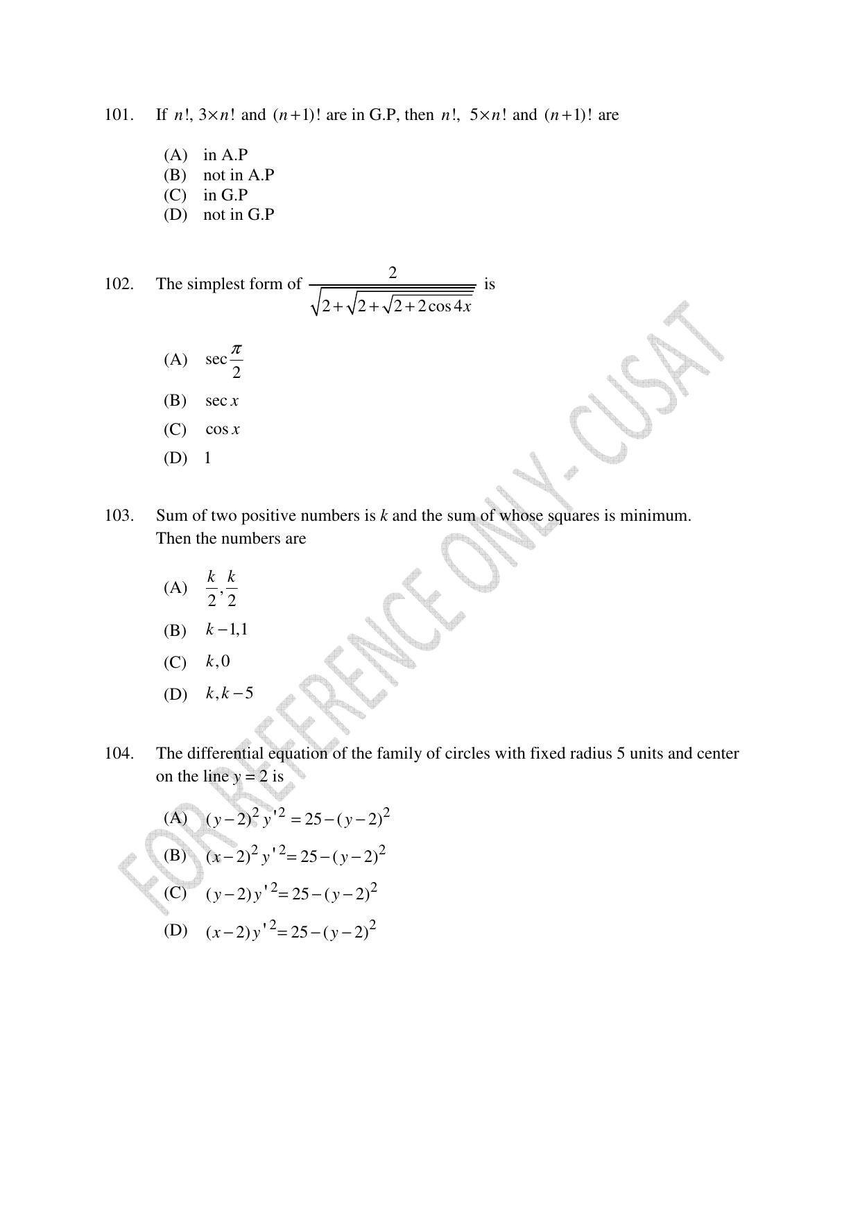 CUSAT CAT 2022 Test in Physics Chemistry and Mathematics Fourth Shift Question Paper - Page 25