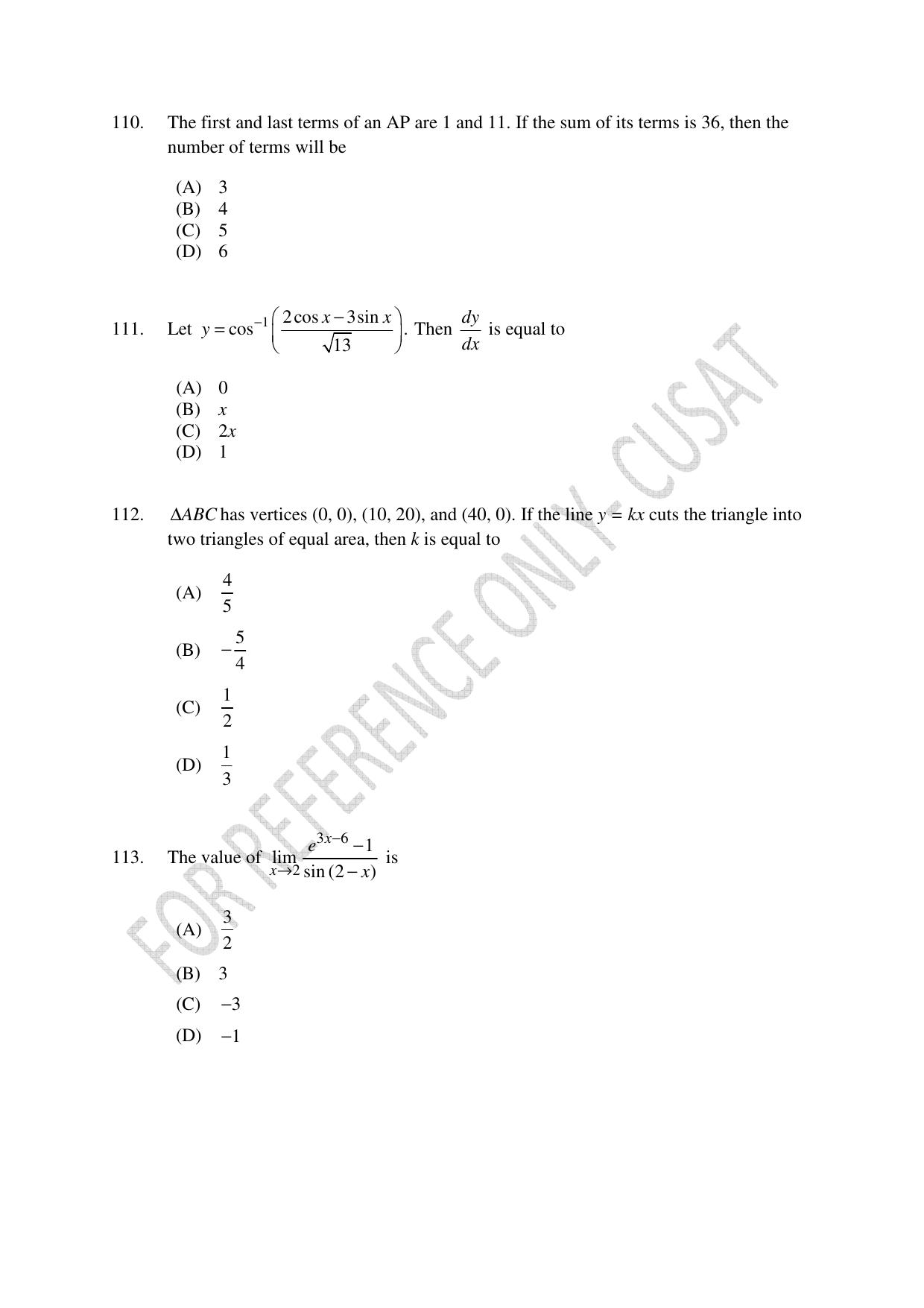 CUSAT CAT 2022 Test in Physics Chemistry and Mathematics Fourth Shift Question Paper - Page 27