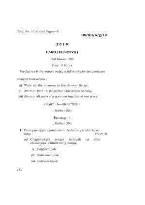 Meghalaya Board (MBOSE) Class 12 GARO ( ELECTIVE ) 2019 Question Paper