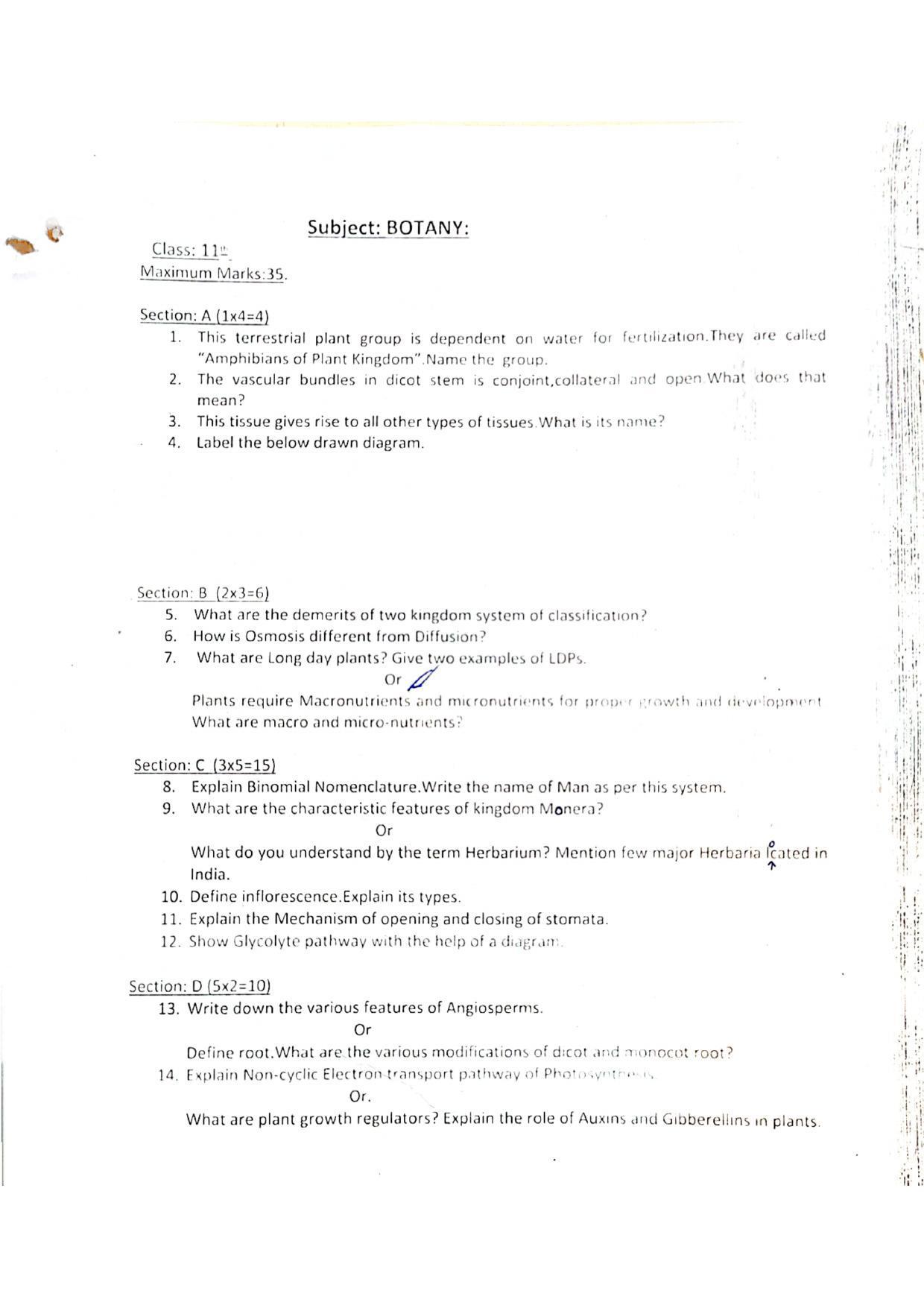 JKBOSE Class 11 Botany Model Question Paper 2023 - Page 1