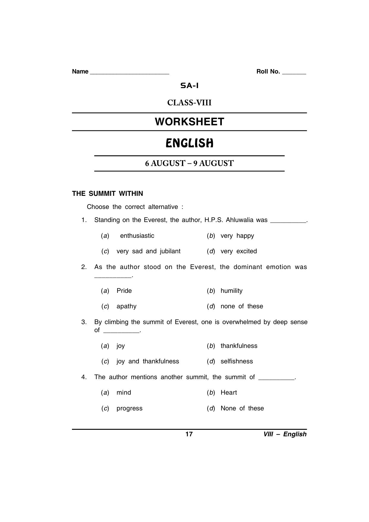 CBSE Worksheets for Class 8 English Assignment 75 - Page 1