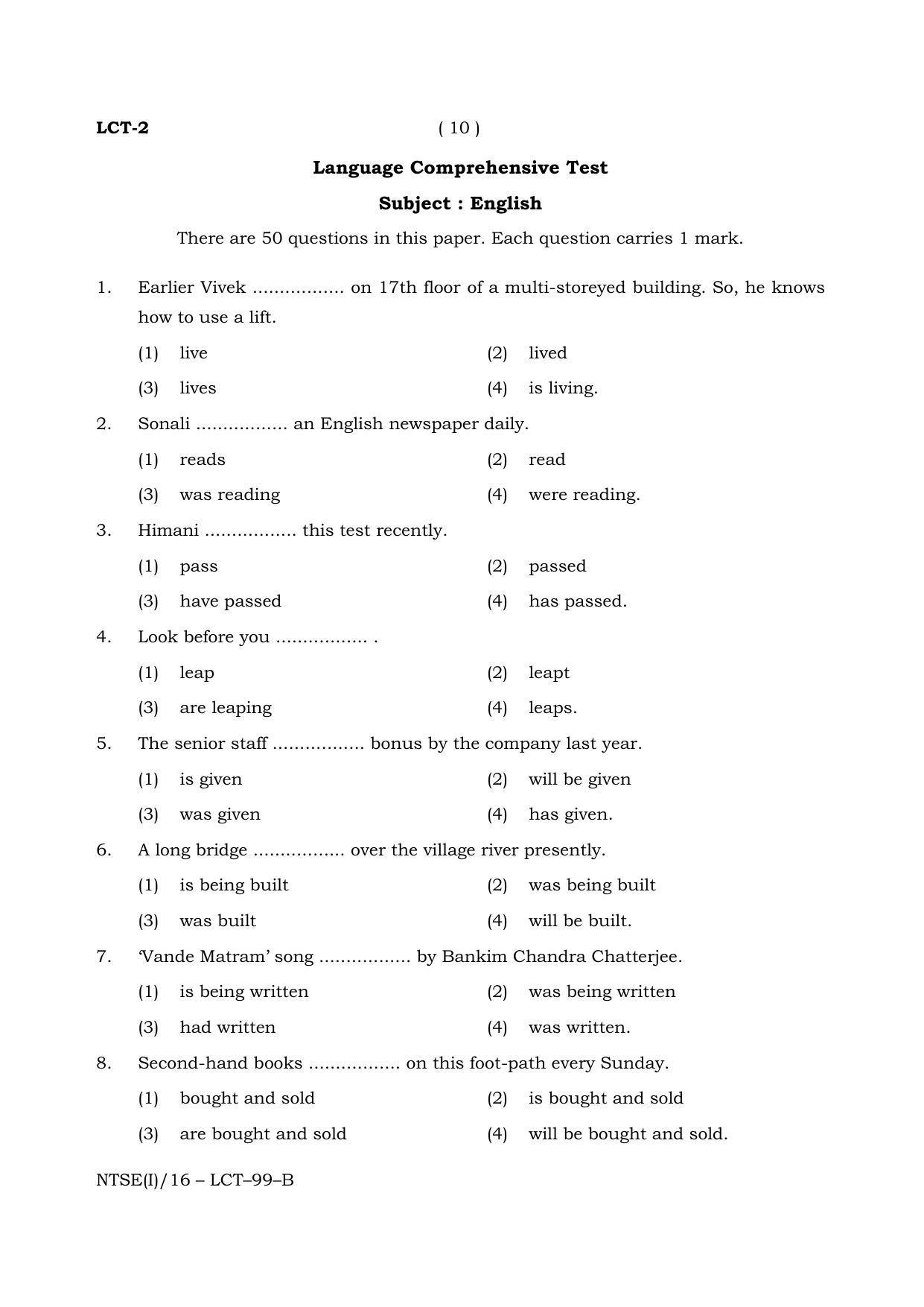 NTSE 2016 (Stage II) LCT Question Paper - Page 10