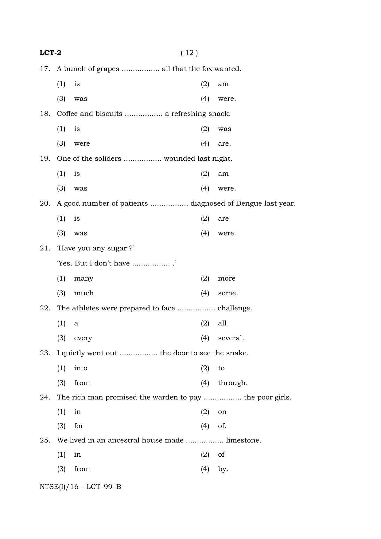 NTSE 2016 (Stage II) LCT Question Paper - Page 12