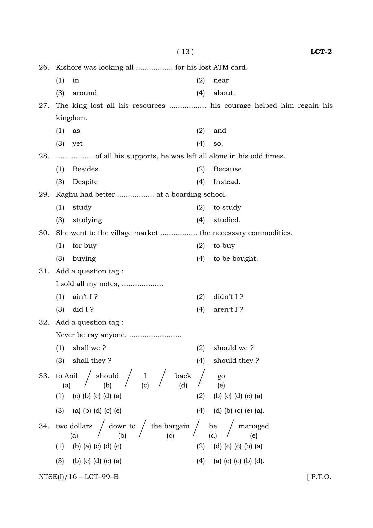 NTSE 2016 (Stage II) LCT Question Paper - Page 13