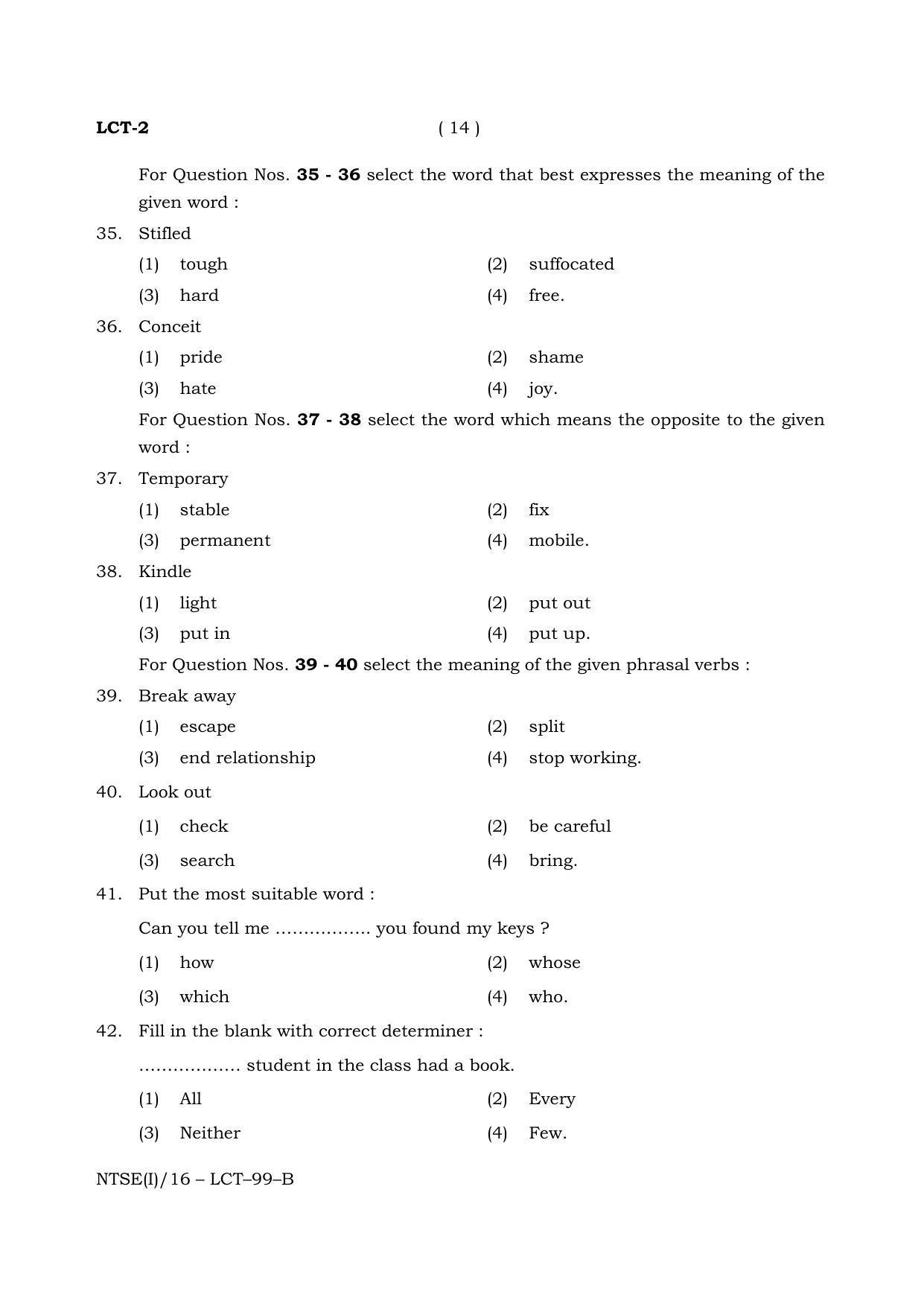 NTSE 2016 (Stage II) LCT Question Paper - Page 14