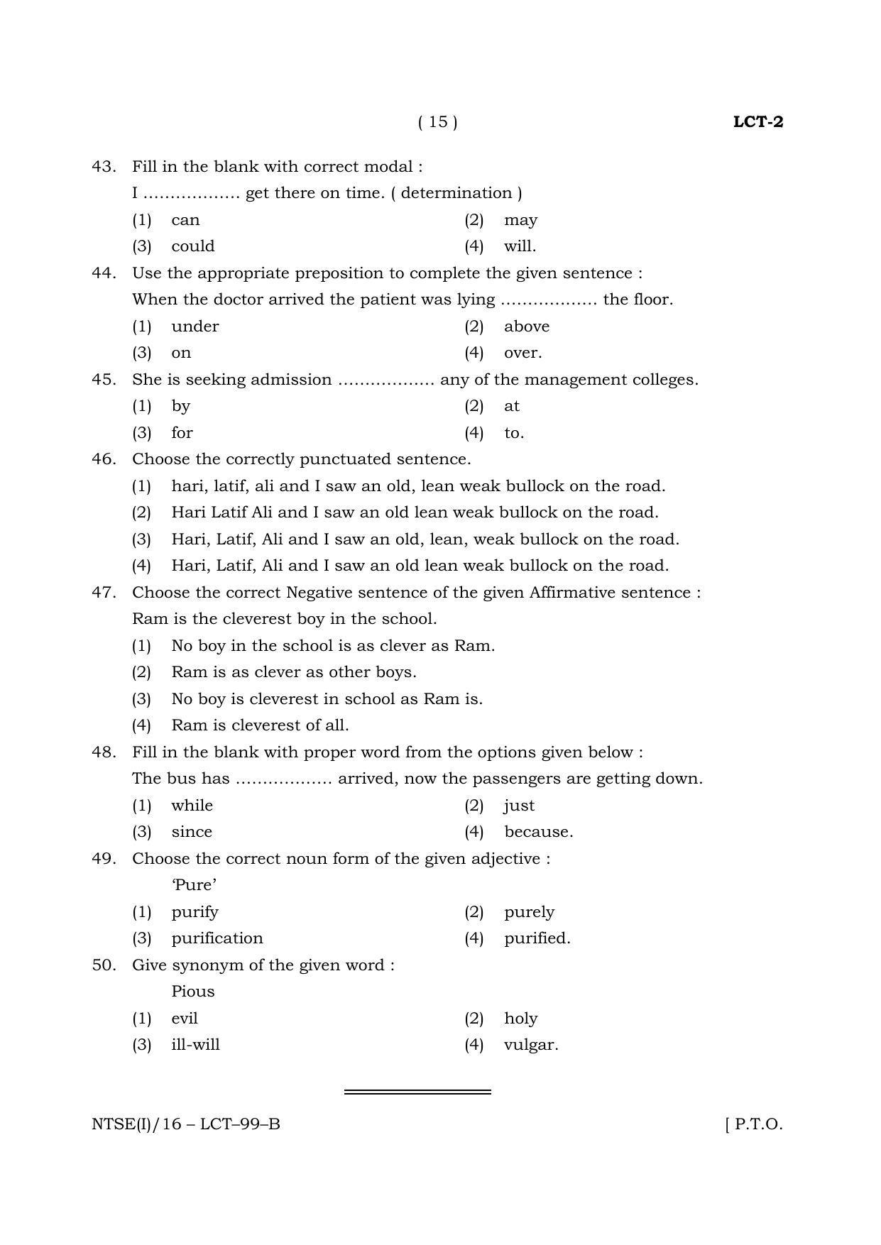 NTSE 2016 (Stage II) LCT Question Paper - Page 15