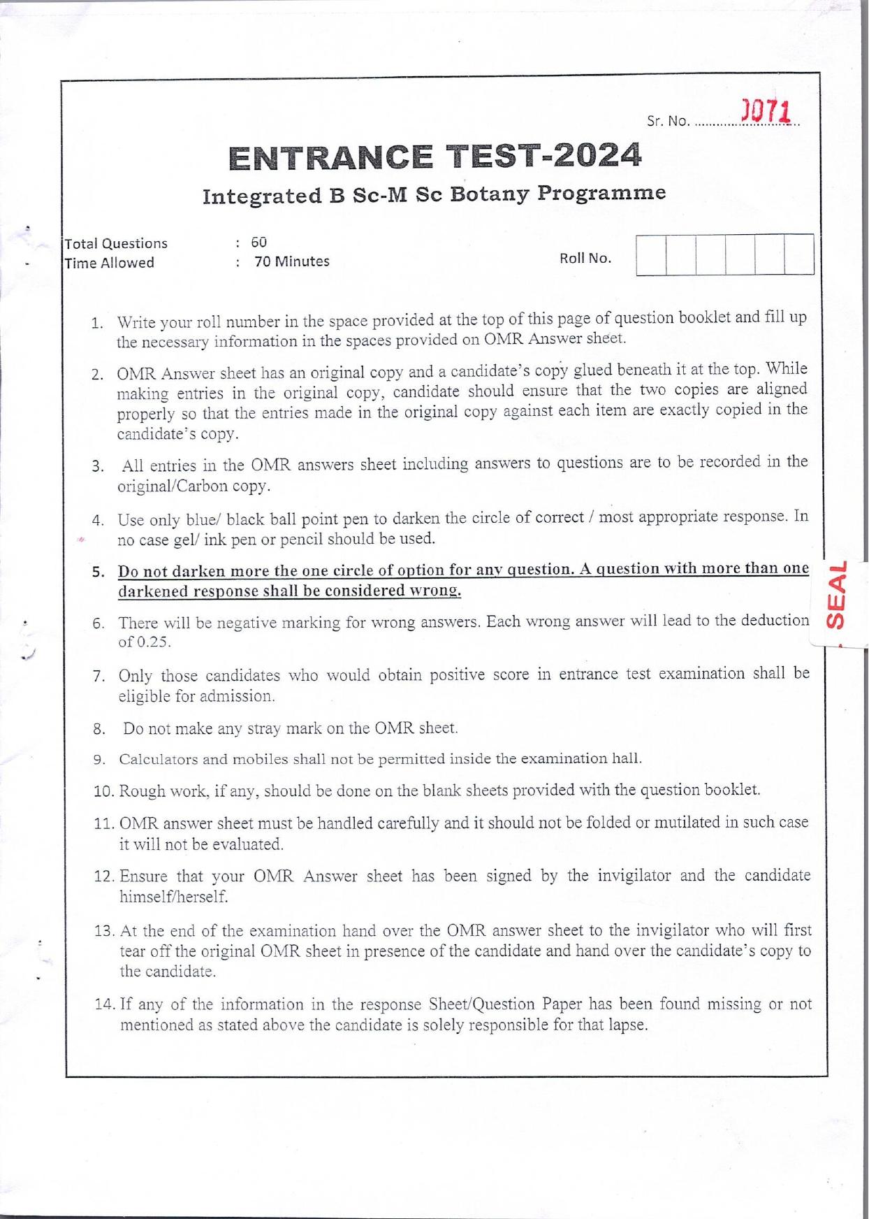 KUET 2024 Integrated Bsc MSc in Botany Question Paper - Page 1