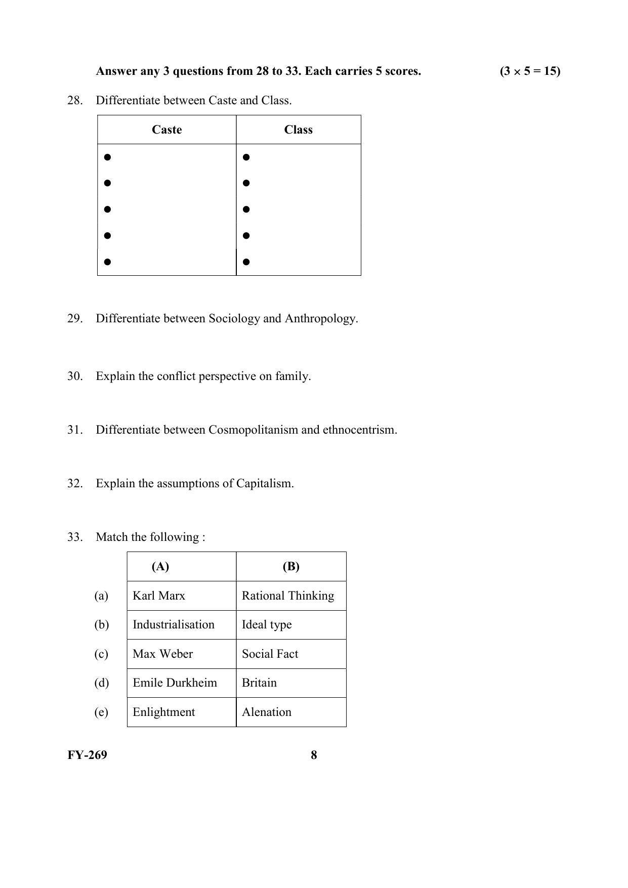 Kerala Plus One (Class 11th) Sociology (Hearing Impaired) Question Paper 2021 - Page 8