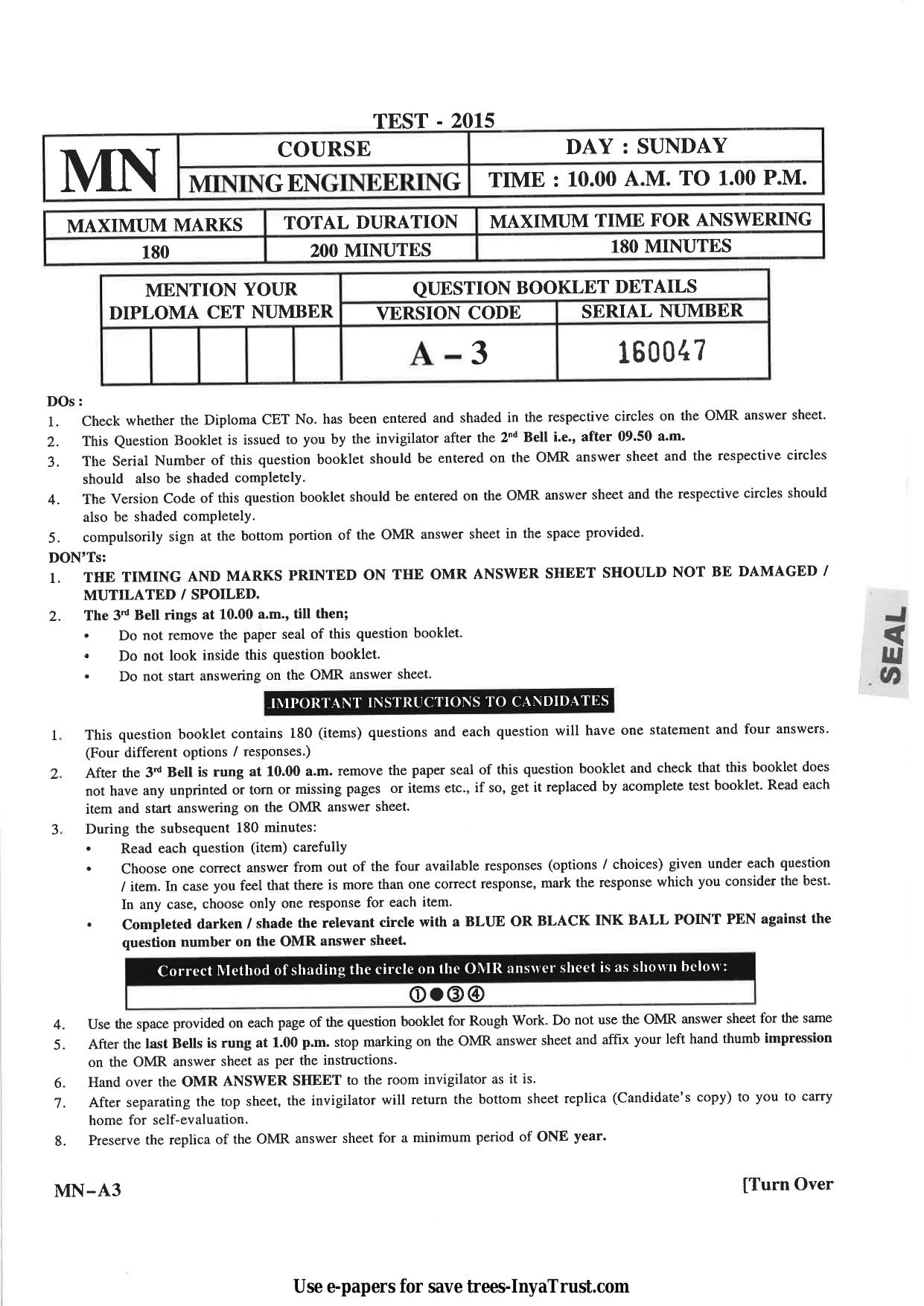 Karnataka Diploma CET- 2015 Mining Engineering Question Paper - Page 1