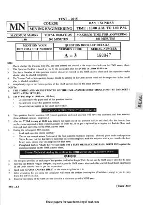 Karnataka Diploma CET- 2015 Mining Engineering Question Paper