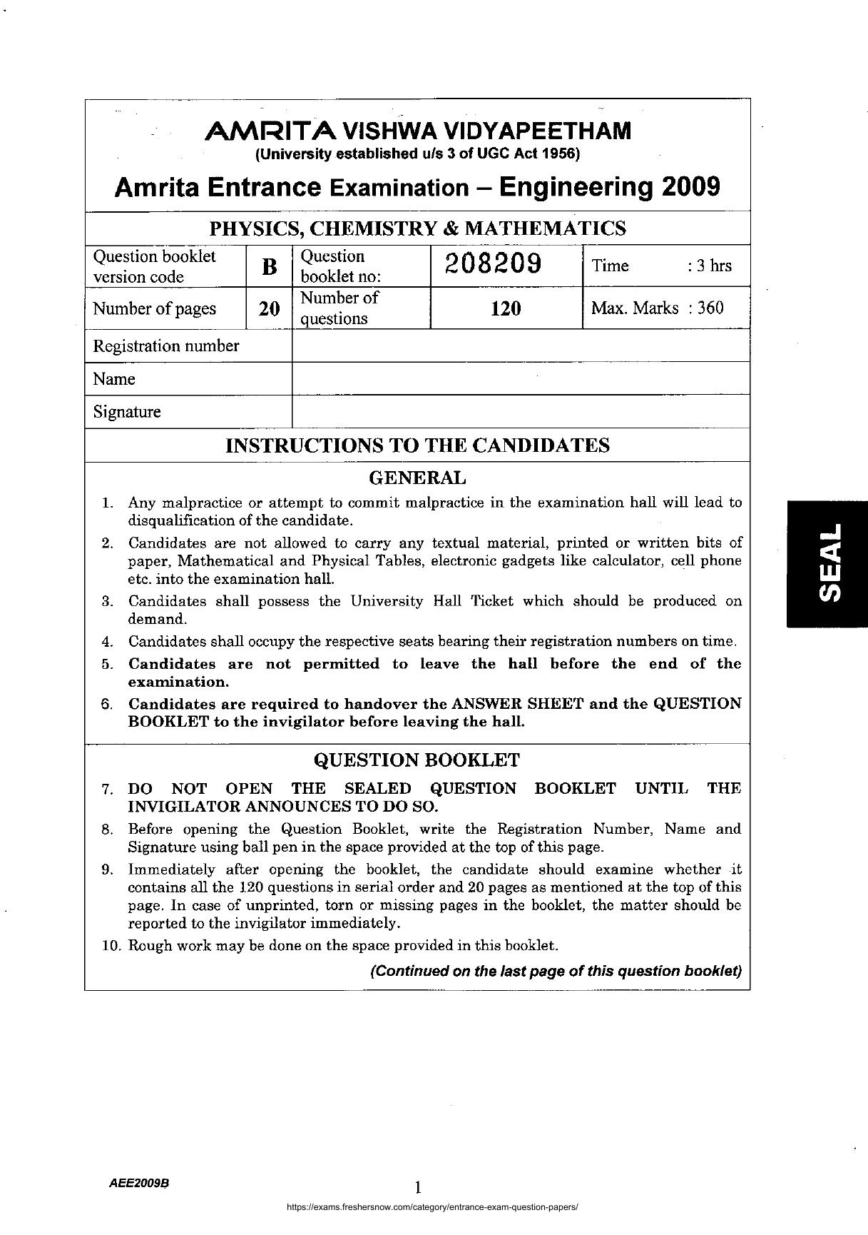 AEEE 2009 Question Paper - Page 1