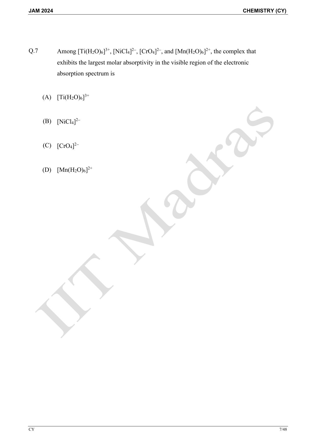 IIT JAM 2024 Chemistry (CY) Master Question Paper - Page 7