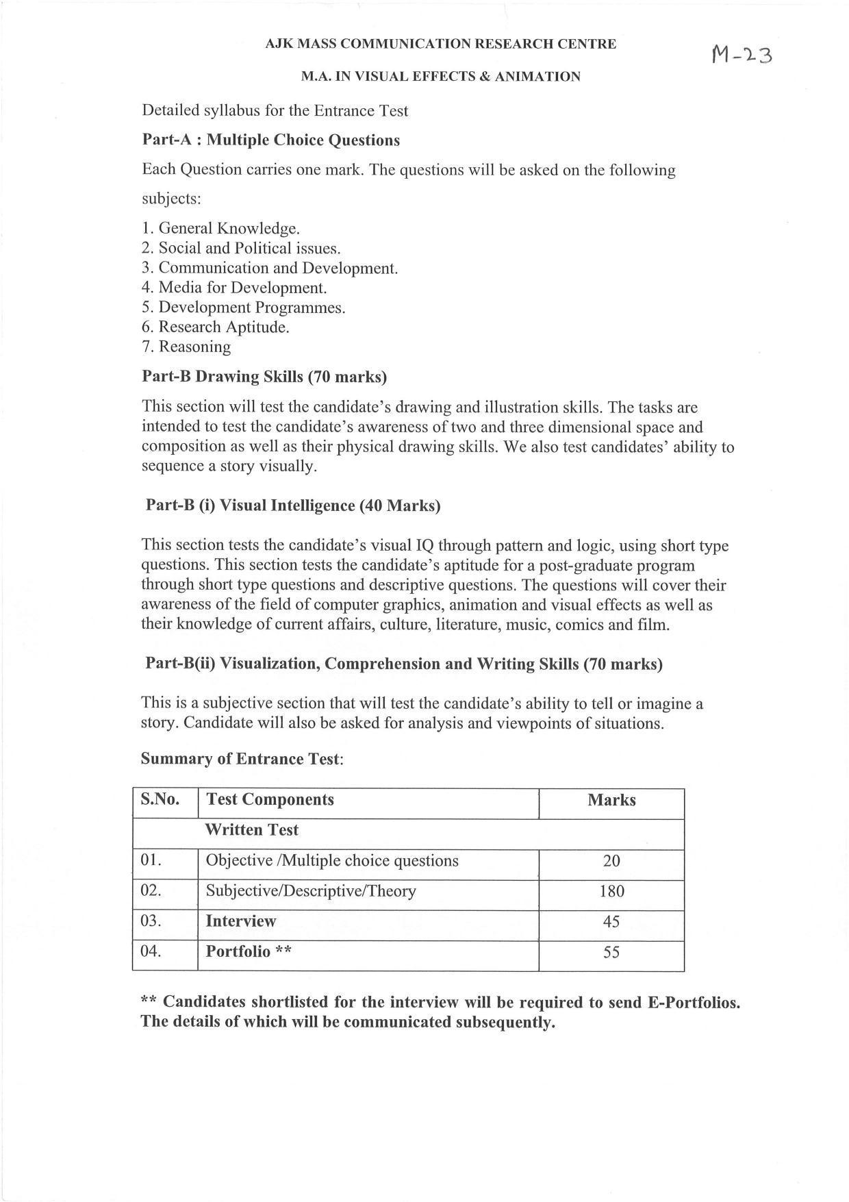 JMI Entrance Exam M23M.A(Visual Effects and Animation)(self financed