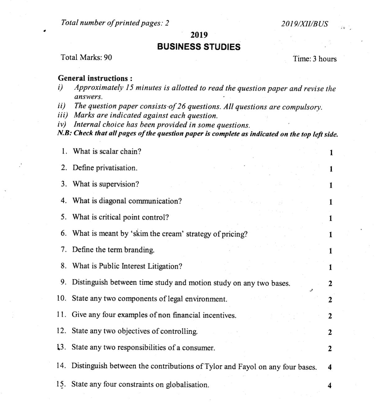 Nagaland Board Class 12 Business Studies 2019 Question Papers - Page 1