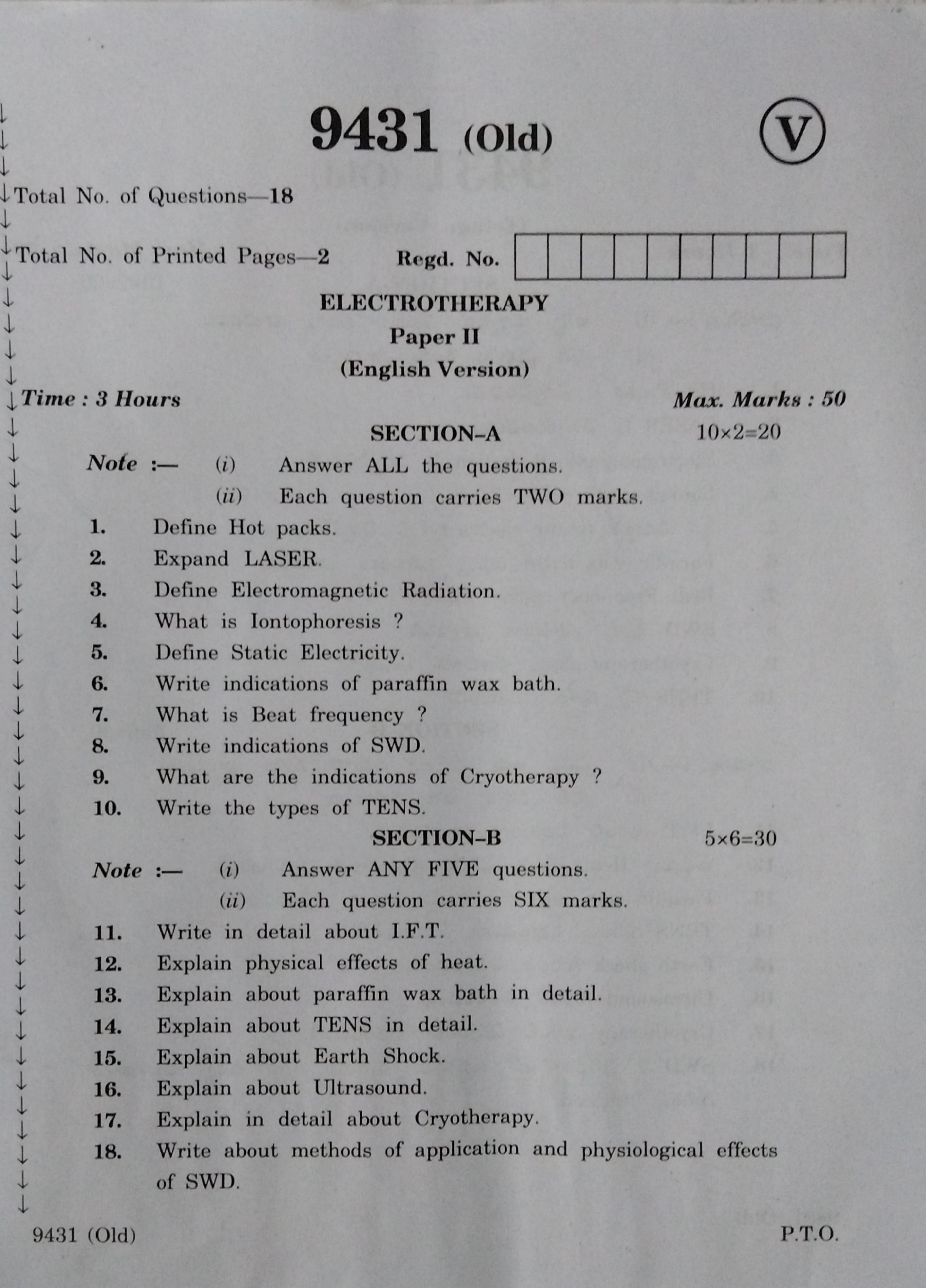 AP Inter 2nd Year Vocational Question Paper March - 2020 - Electro Therapy - II (old) - Page 1