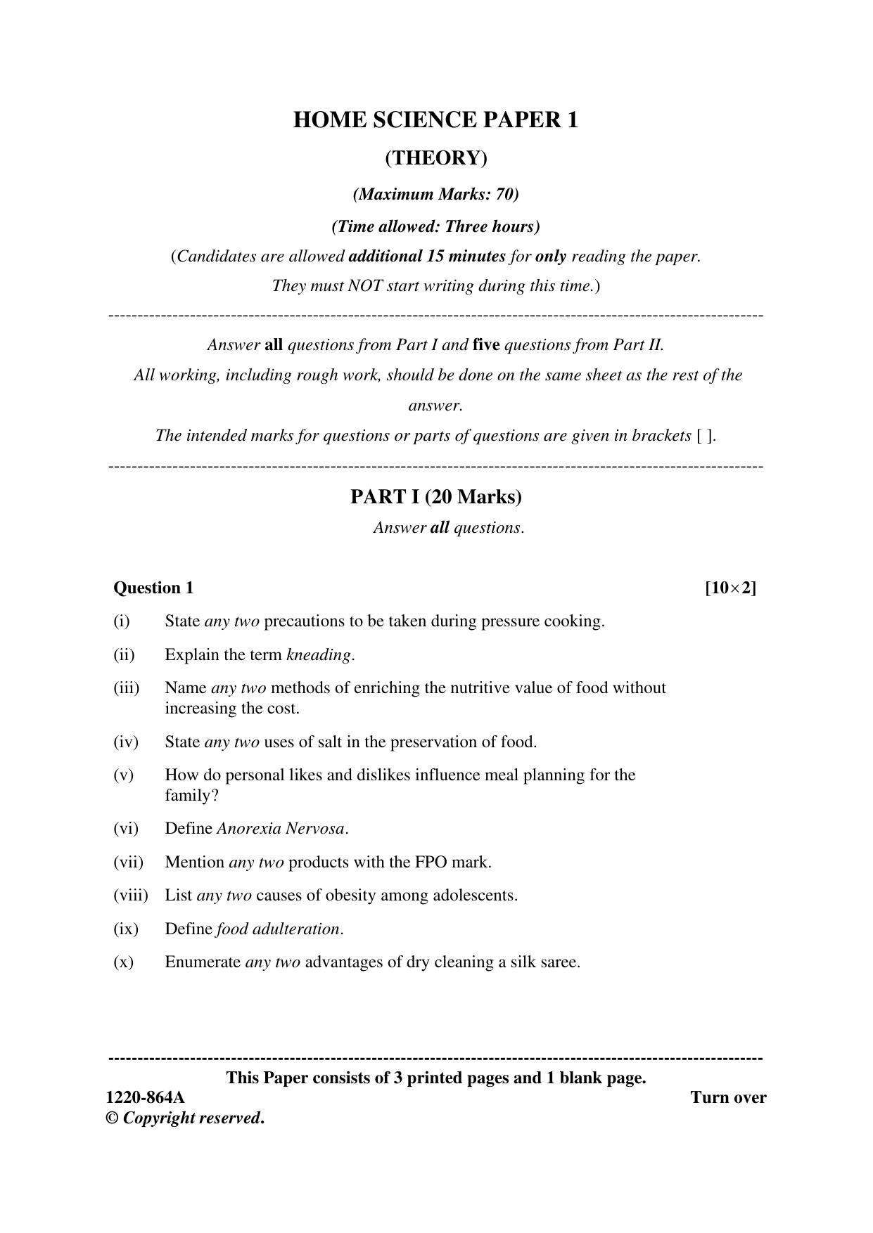 ISC Class 12 2020 Home Science I Question Paper - Page 1