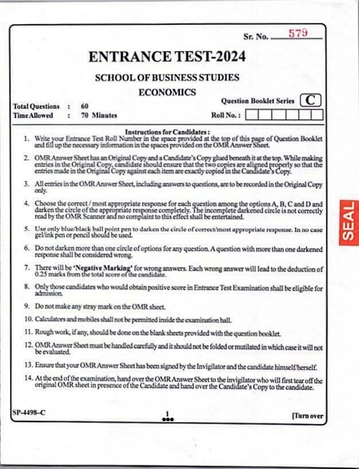 KUET 2024 M.A. Economics Question Paper - Page 1