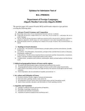 AMU Entrance Exam: M.A.(French) Syllabus