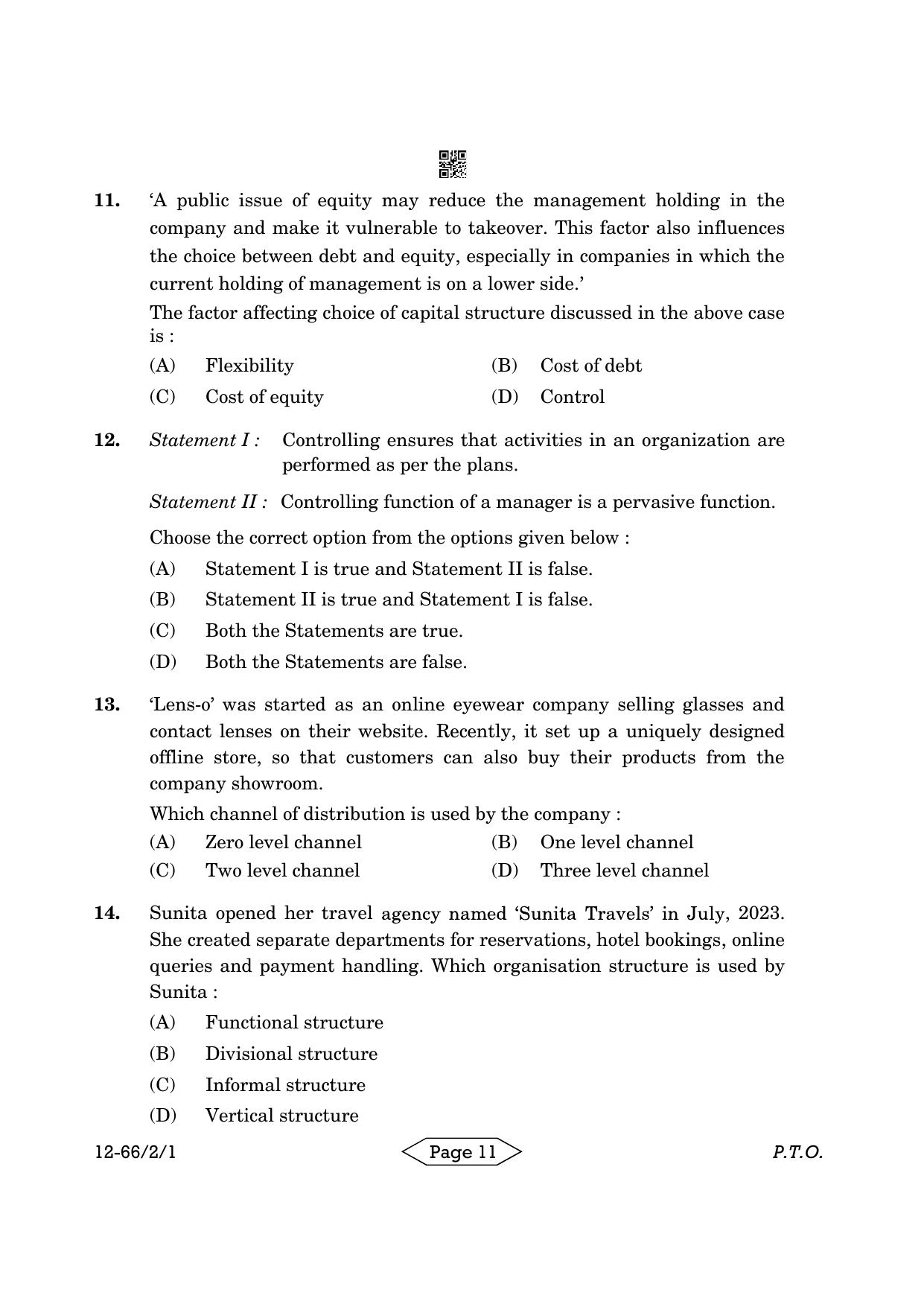 CBSE Class 12 2-1 Bussiness Studies 2024 Question Paper - Page 11