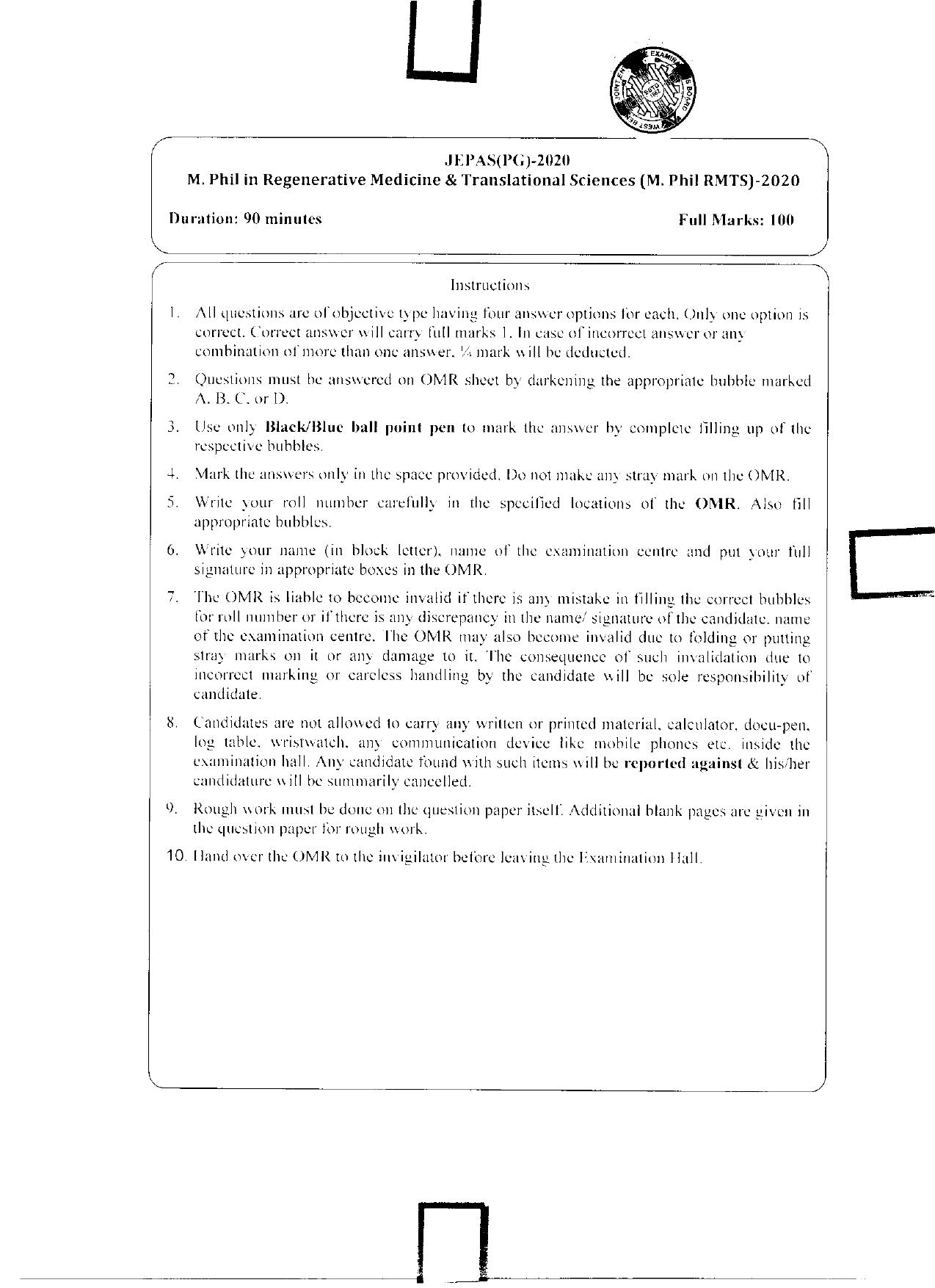 WBJEEB JEMAS (PG) 2020 MPhil RMTS Question Paper - Page 1