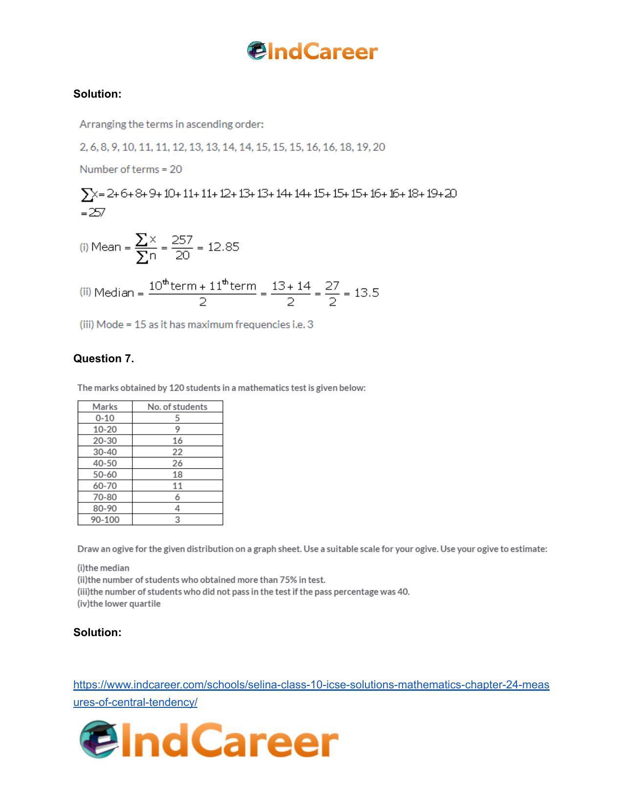 Selina Class 10 ICSE Solutions Mathematics : Chapter 24- Measures of Central Tendency - Page 52
