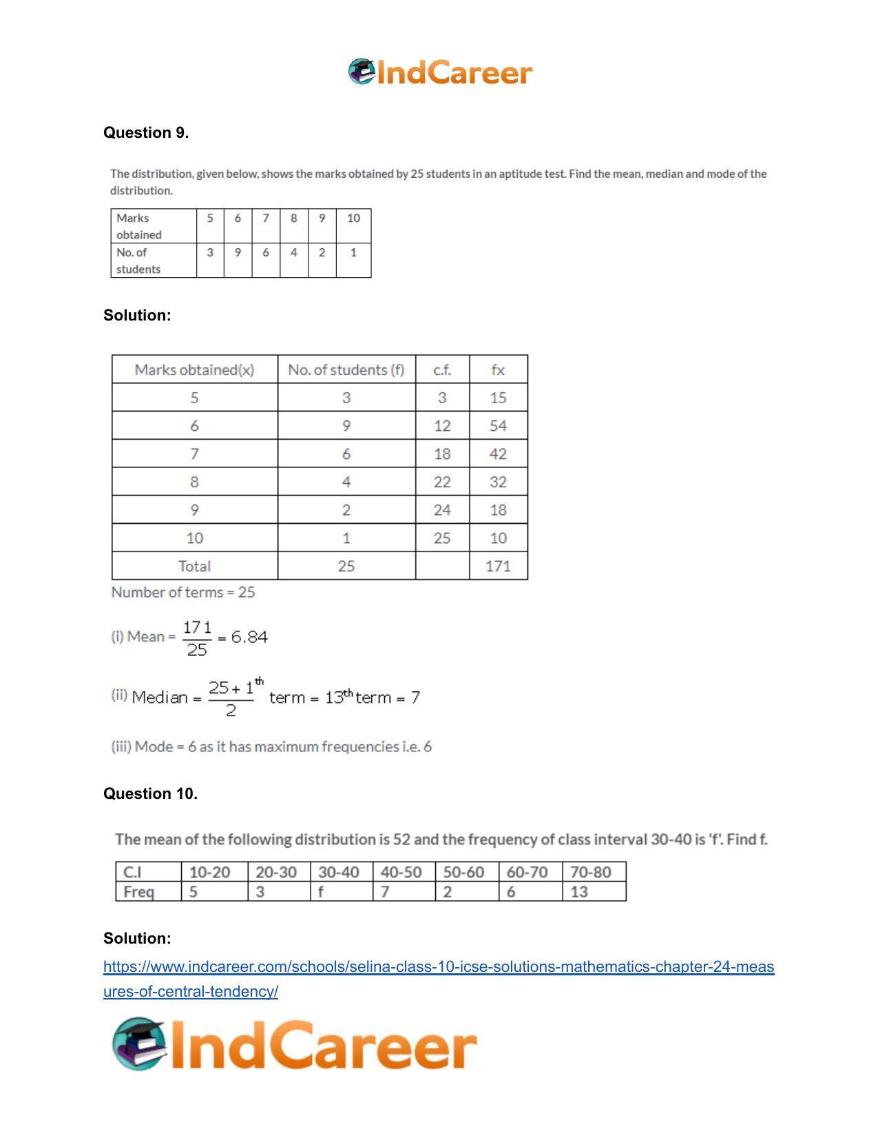 Selina Class 10 ICSE Solutions Mathematics : Chapter 24- Measures of Central Tendency - Page 56