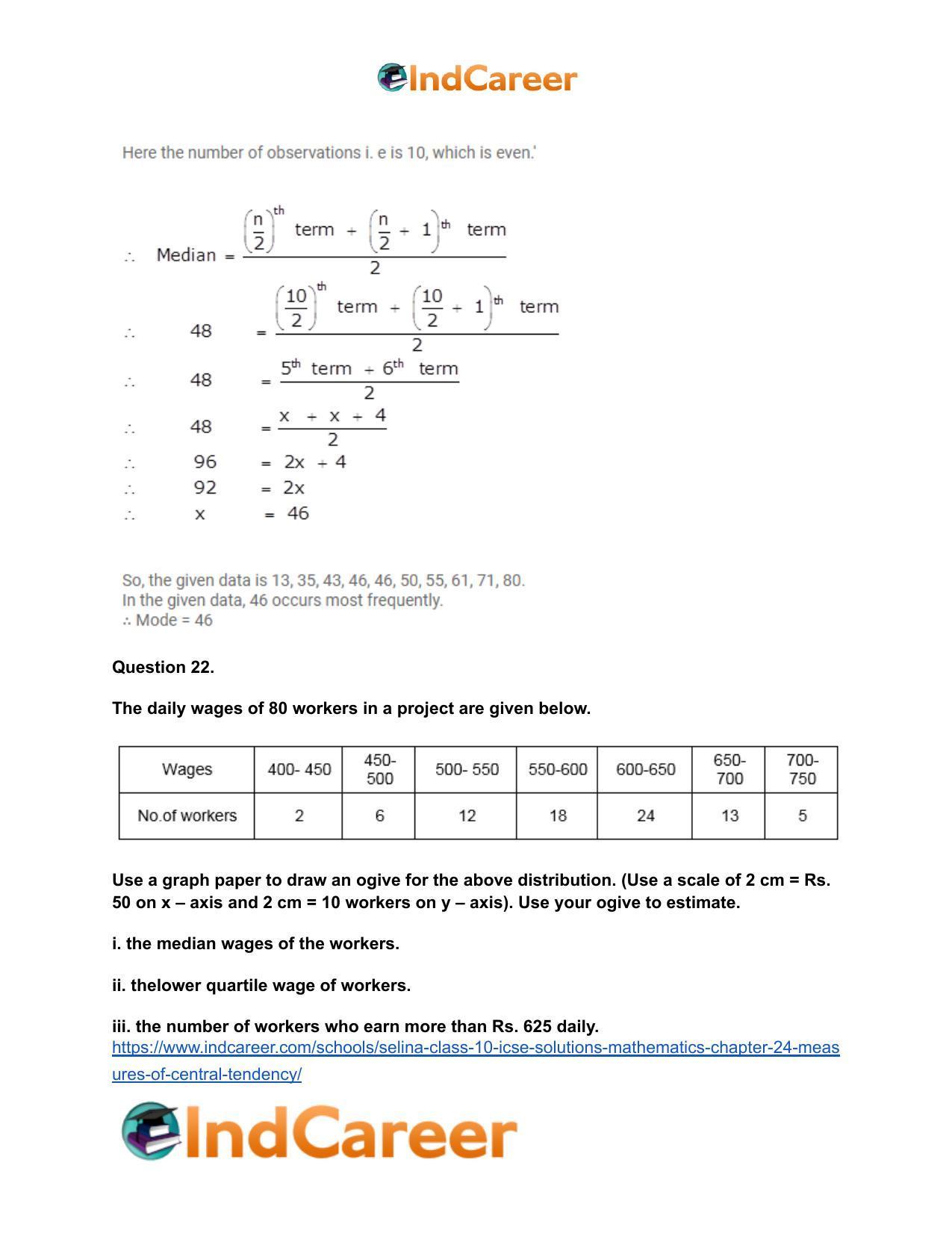 Selina Class 10 ICSE Solutions Mathematics : Chapter 24- Measures of Central Tendency - Page 72