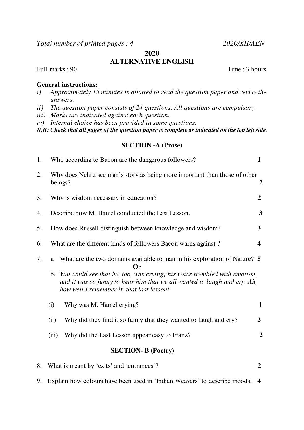 Nagaland Board Class 12 ALTERNATIVE ENGLISH 2020 Question Paper - Page 1