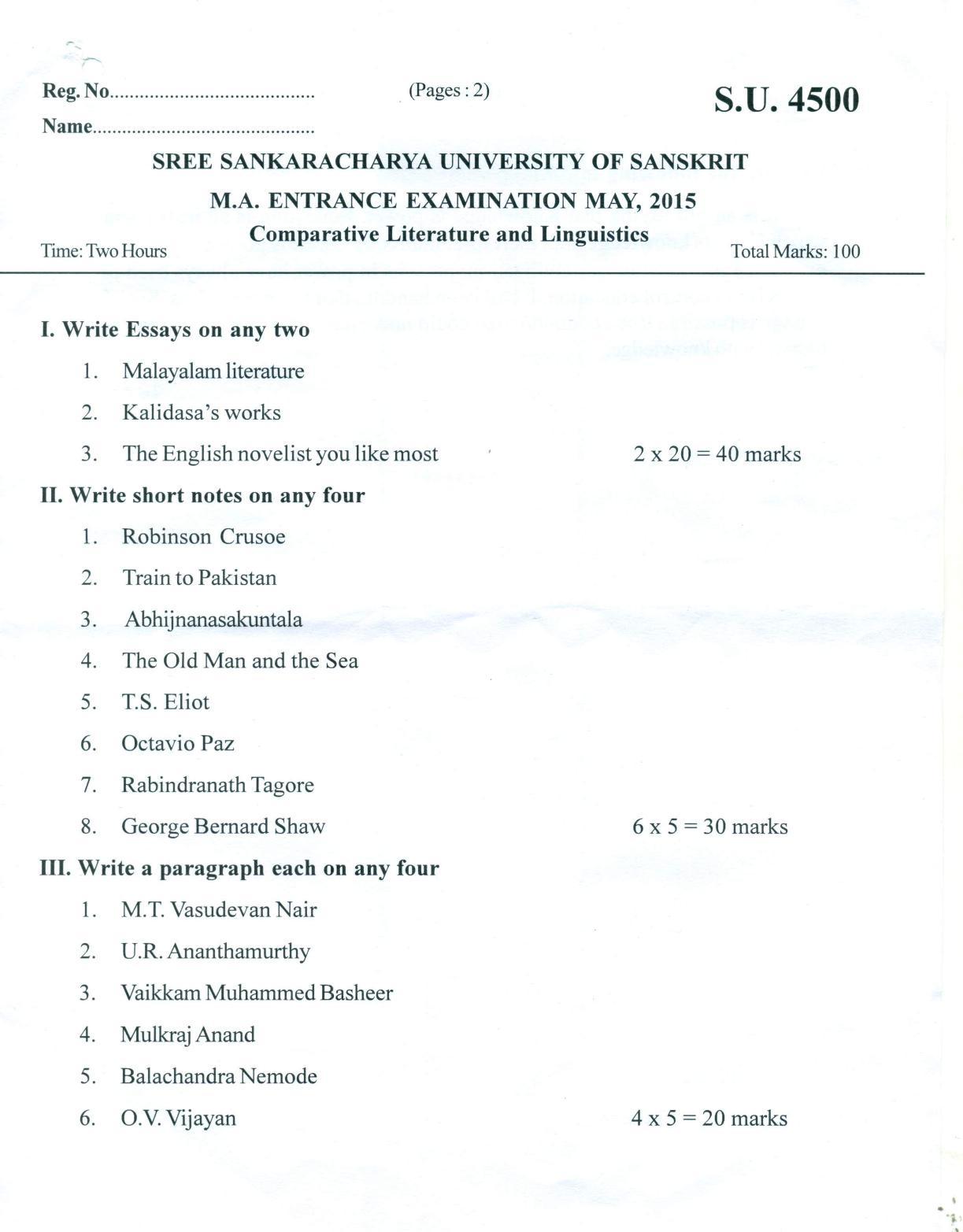 SSUS Entrance Exam COMPARATIVE LITERATURE AND LINGUISTICS 2015 Question Paper - Page 1
