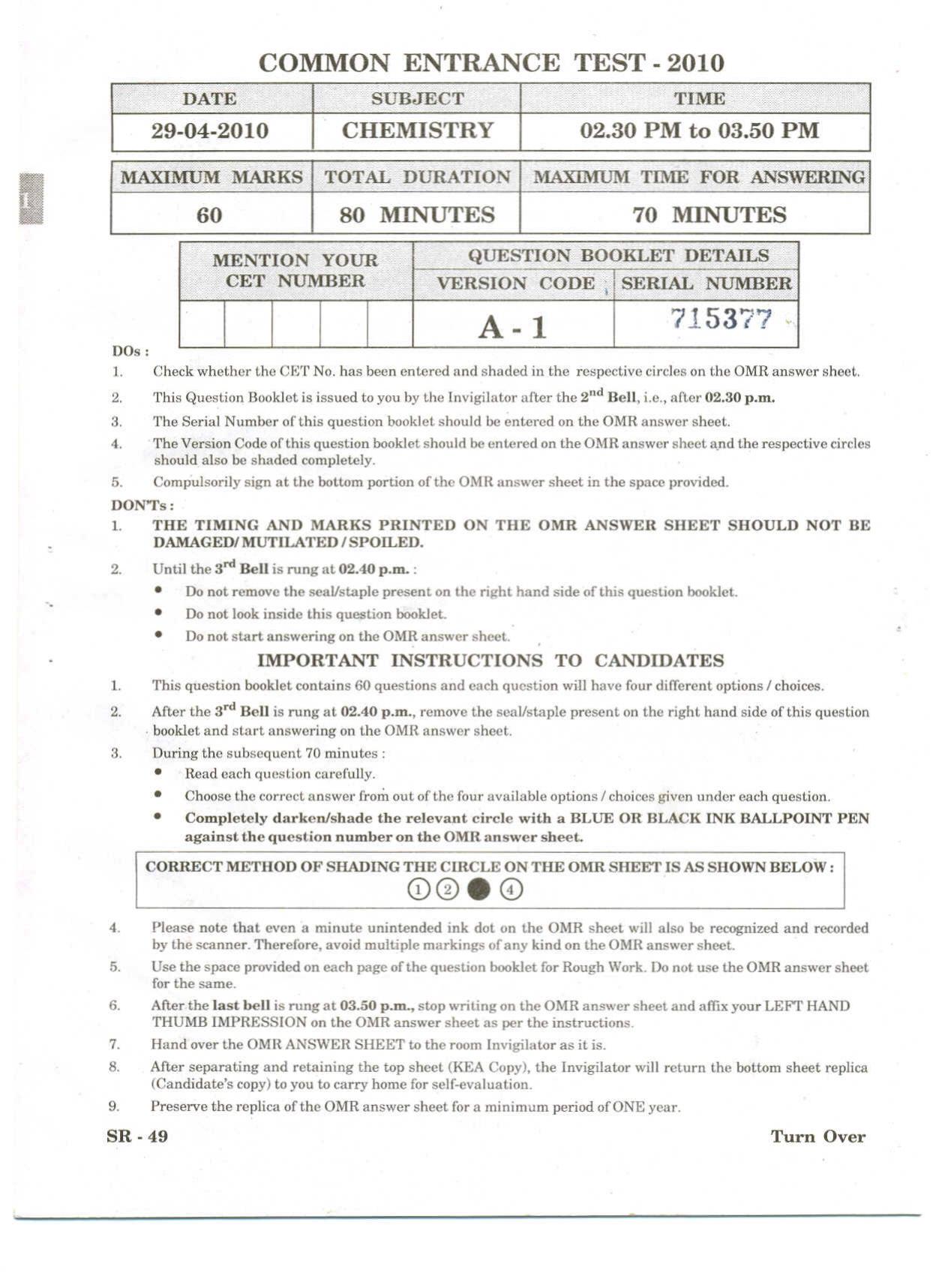 KCET Chemistry 2010 Question Papers - Page 1