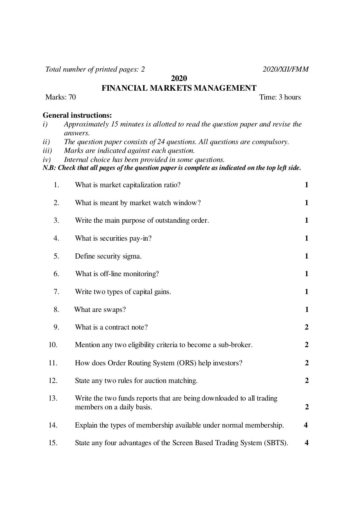 Nagaland Board Class 12 FINANCIAL MARKETS MANAGEMENT 2020 Question Papers - Page 1