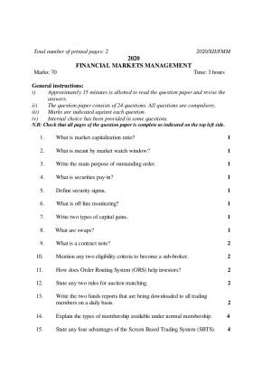 Nagaland Board Class 12 FINANCIAL MARKETS MANAGEMENT 2020 Question Papers