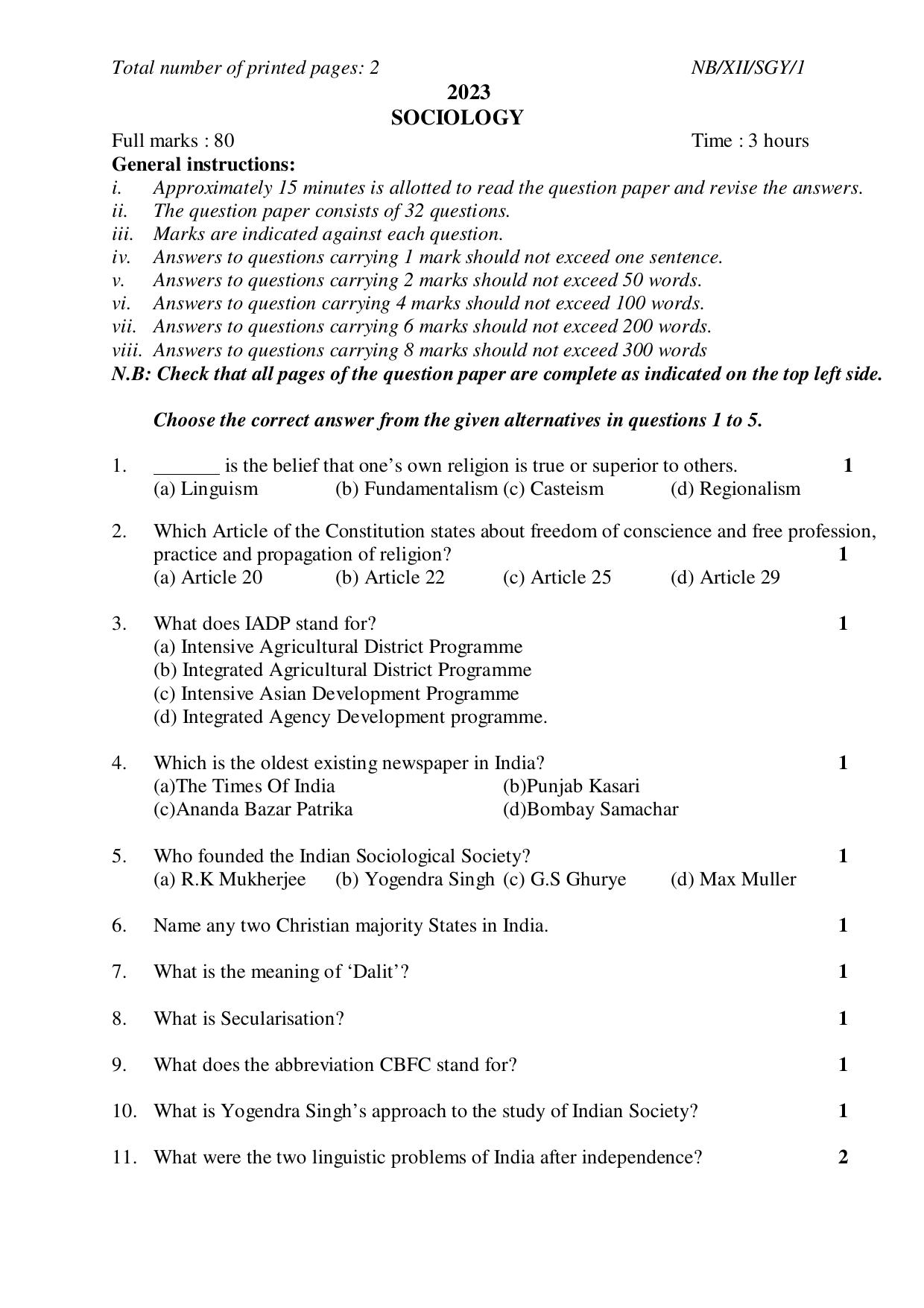 Nagaland Board NBSE Class 12 / HSSLC 2023 Question Paper (All Subjects) - Page 65
