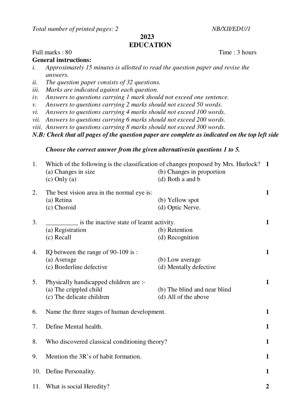 Nagaland Board NBSE Class 12 / HSSLC 2023 Question Paper (All Subjects) - Page 82