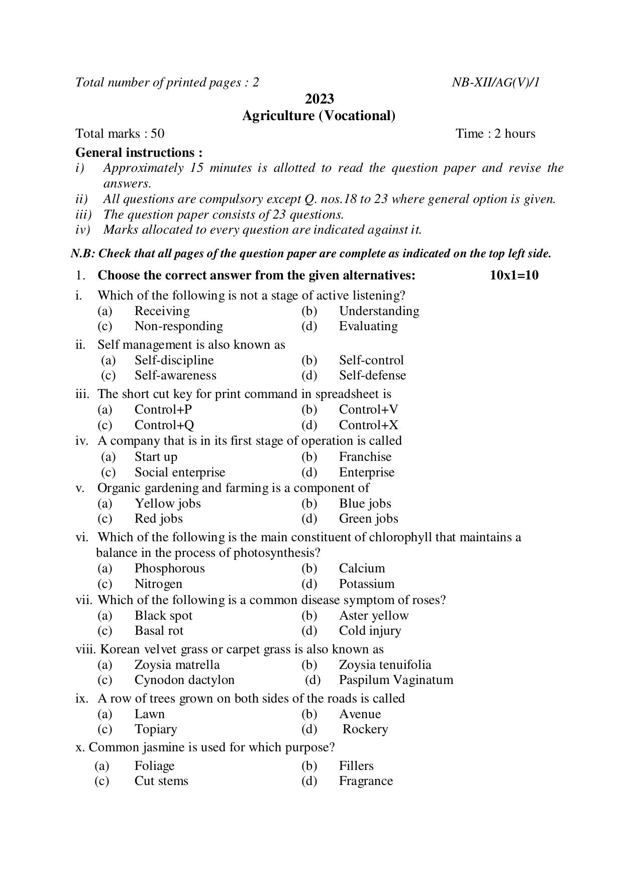 Nagaland Board NBSE Class 12 / HSSLC 2023 Question Paper (All Subjects) - Page 121