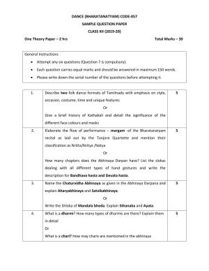 CBSE Class 12 Bharatanatyam Skill Education-Sample Paper 2019-20