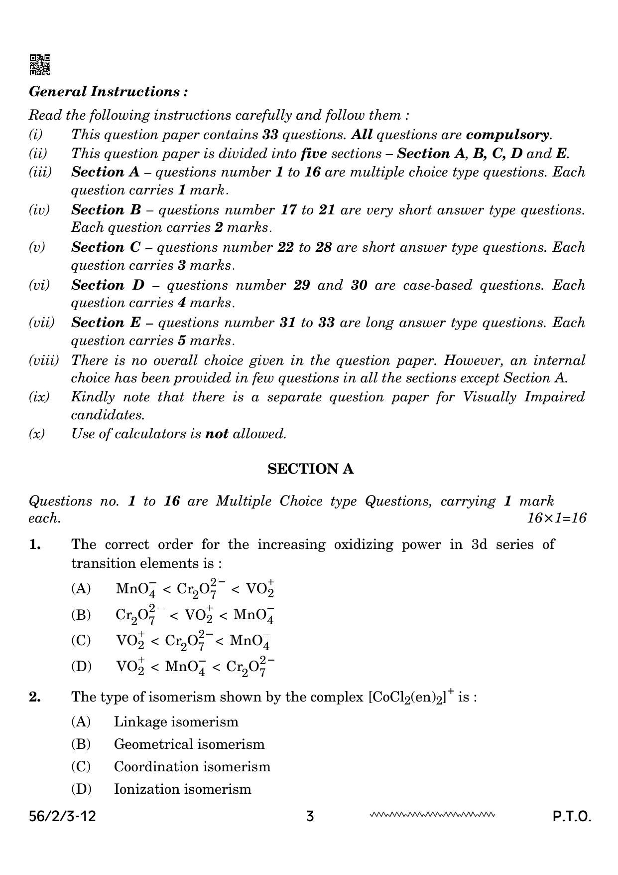 CBSE Class 12 56-2-3 Chemistry 2024 Question Paper - Page 3