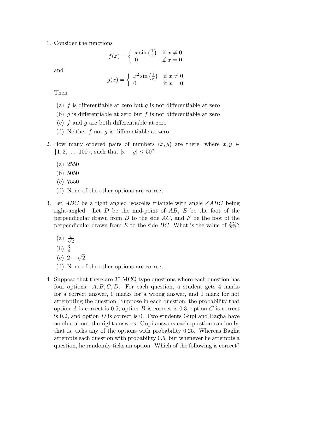 ISI Admission Test M.S.(QE) PEA 2020 Sample Paper - Page 1