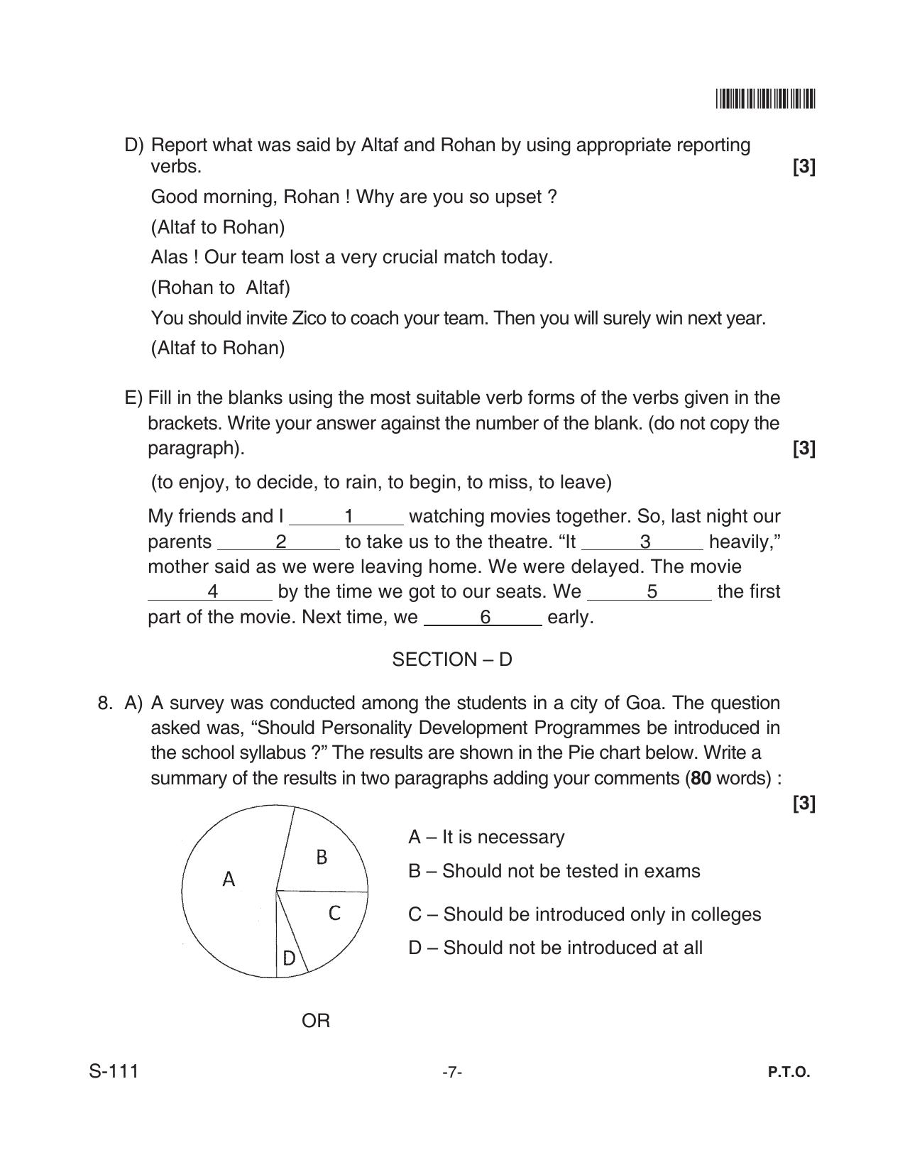 Goa Board Class 10 English F.L. 111 Fl (June 2018) Question Paper - Page 7