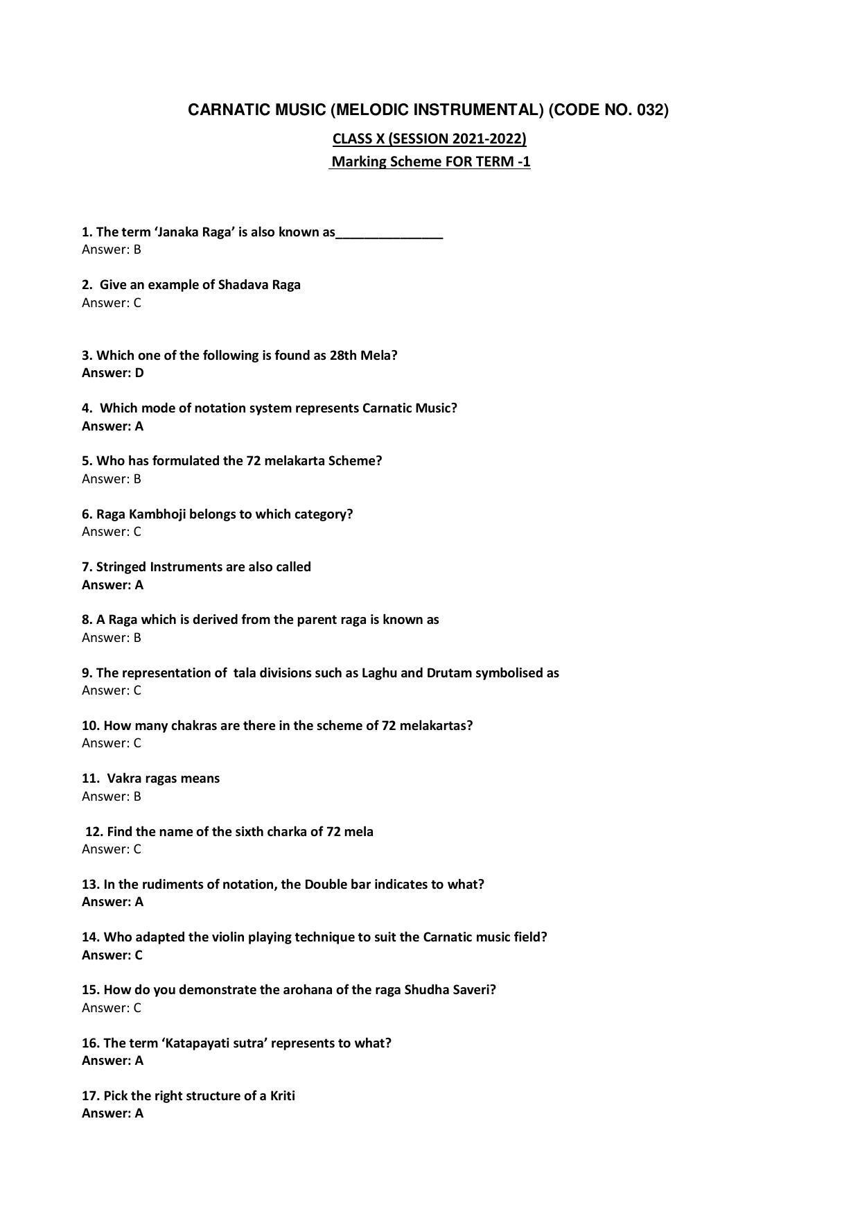 CBSE Class 10 Carnatic Music Melodic Instrument Marking Scheme and Solutions 2021-22 - Page 1
