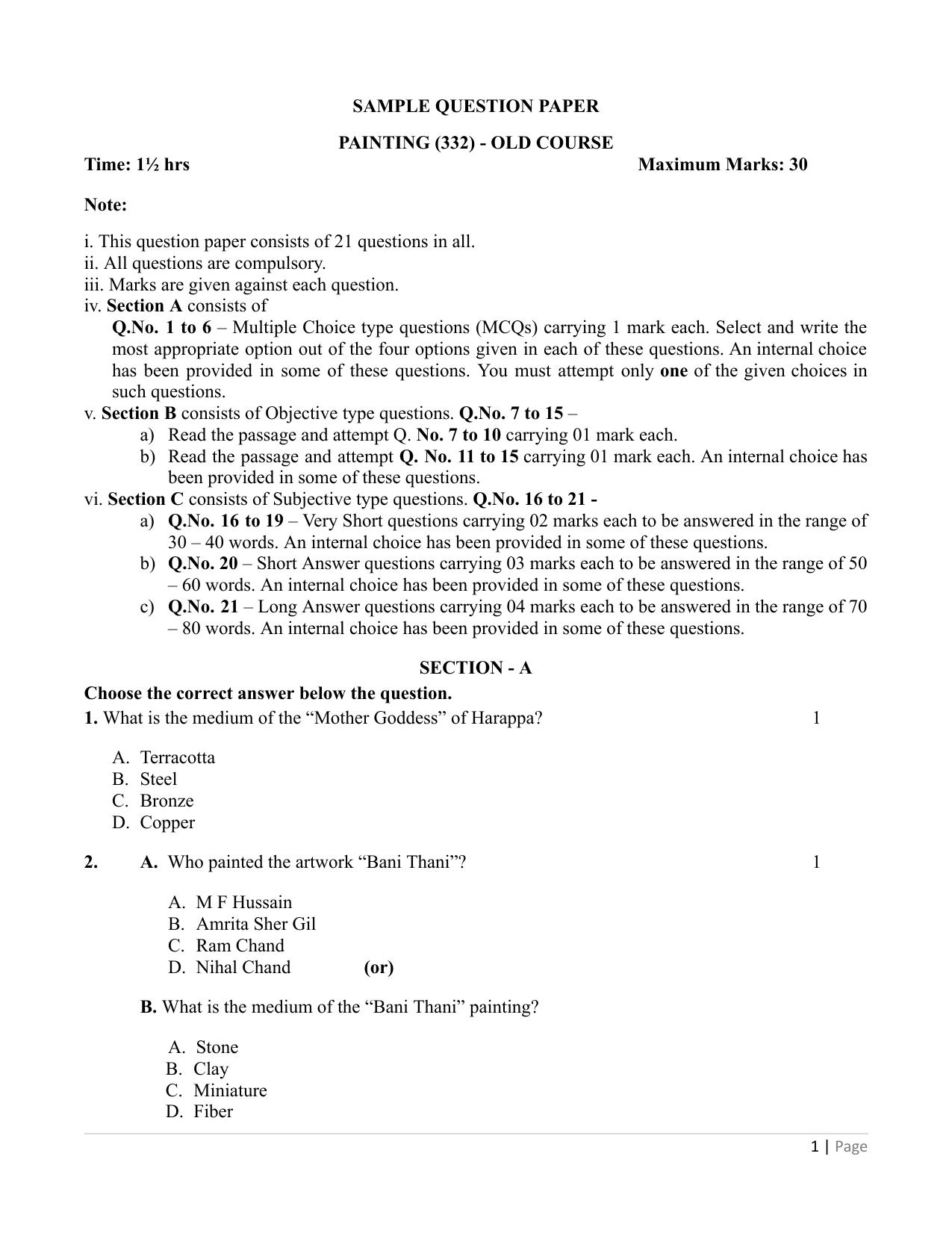NIOS Class 12 Painting (Old) Sample Paper - Page 1