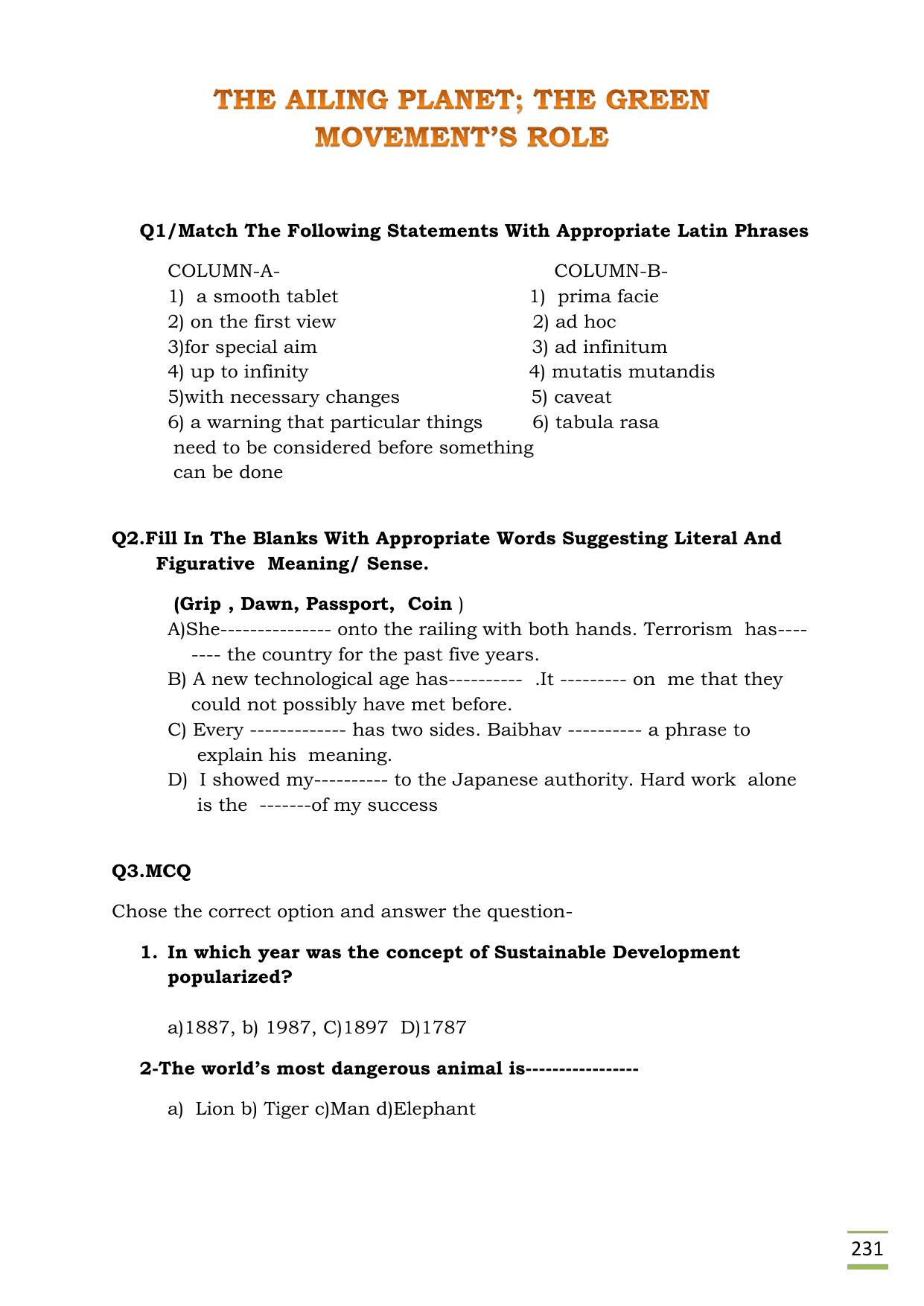 CBSE Worksheets for Class 11 English The Ailing Planet questions answers - Page 1