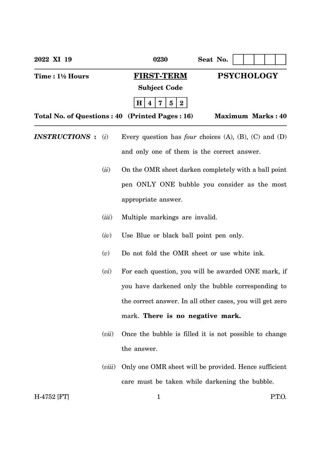 Goa Board Class 12 Psychology (November 2022) Question Paper - Page 1