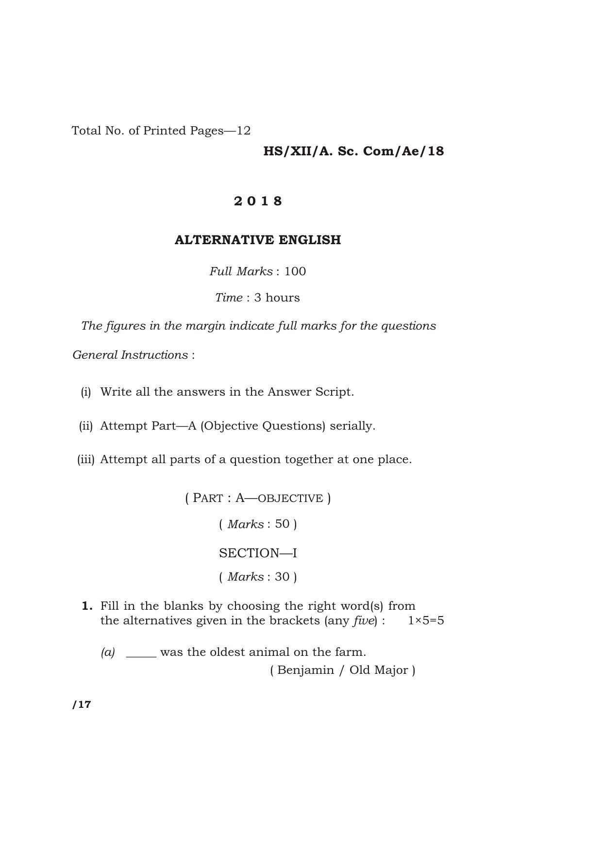 Meghalaya Board (MBOSE) Class 12 ALTERNATIVE ENGLISH 2018 Question Paper - Page 1