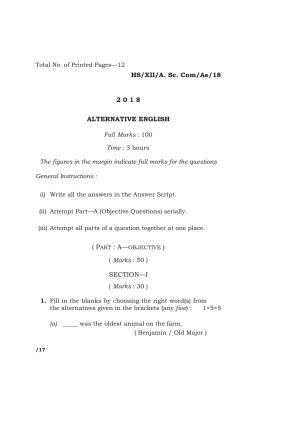 Meghalaya Board (MBOSE) Class 12 ALTERNATIVE ENGLISH 2018 Question Paper