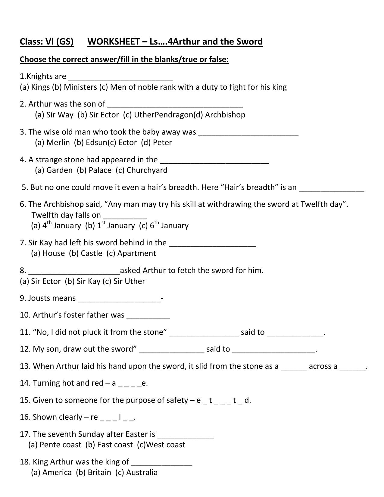 Worksheet for Class 4 English Assignment 51 Arthur and the Sword - Page 1