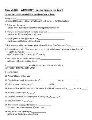 Worksheet for Class 4 English Assignment 51 Arthur and the Sword