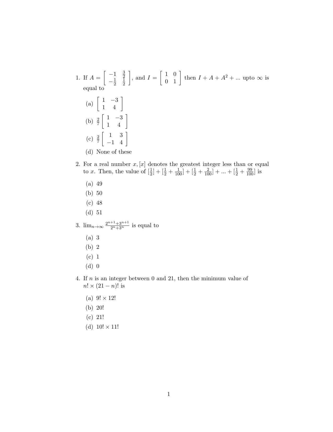 ISI Admission Test M.S.(QMS) QMA 2020 Sample Paper - Page 1