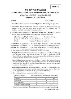 TIFR GS 2017 Physics X Question Paper