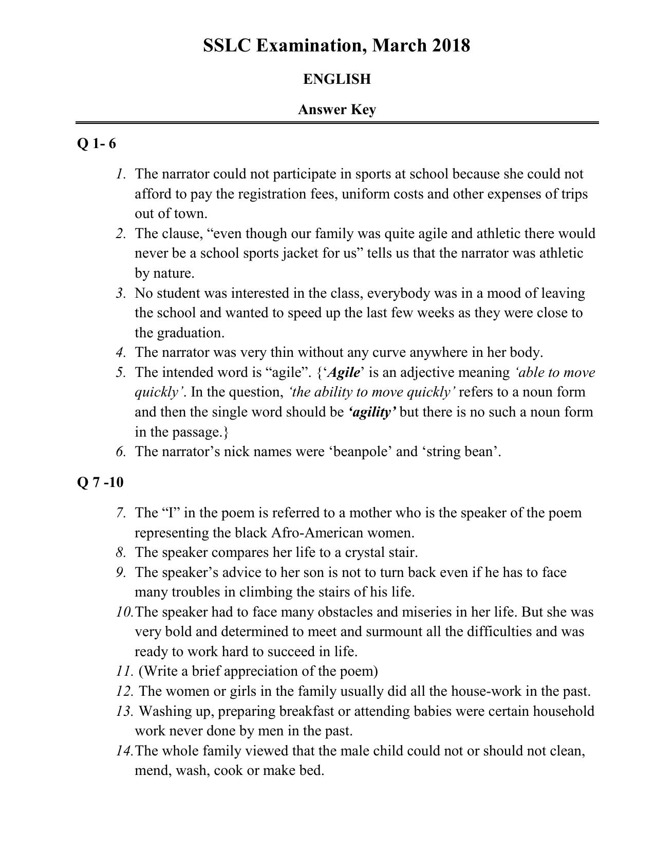 Kerala SSLC 2018 English  Answer Key - Page 1